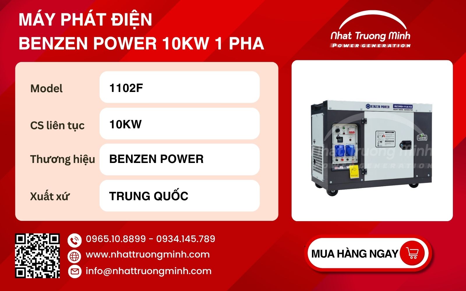 Máy phát điện 1 pha 10kVA Benzen Power