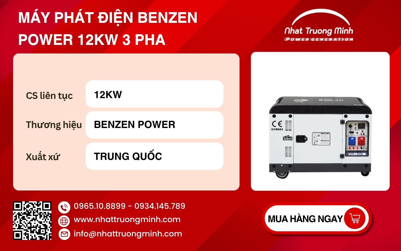 Máy phát điện chạy dầu Benzen Power 12kW 3 pha