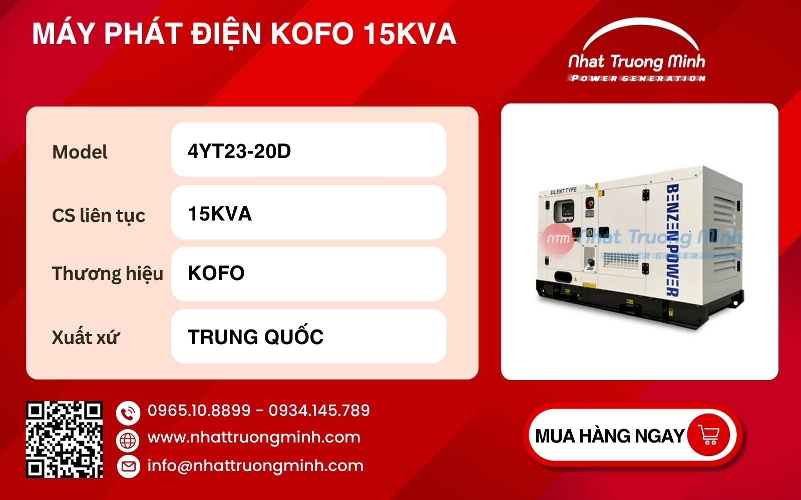 Thông số máy phát điện công nghiệp Kofo 15kva