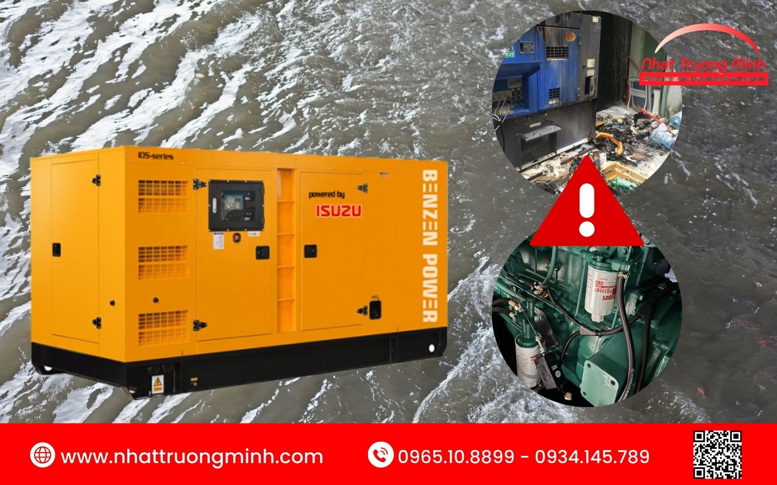 Máy phát điện bị ngập nước sẽ dẫn đến chập mạch, cháy nổ, hỏng hóc linh kiện...
